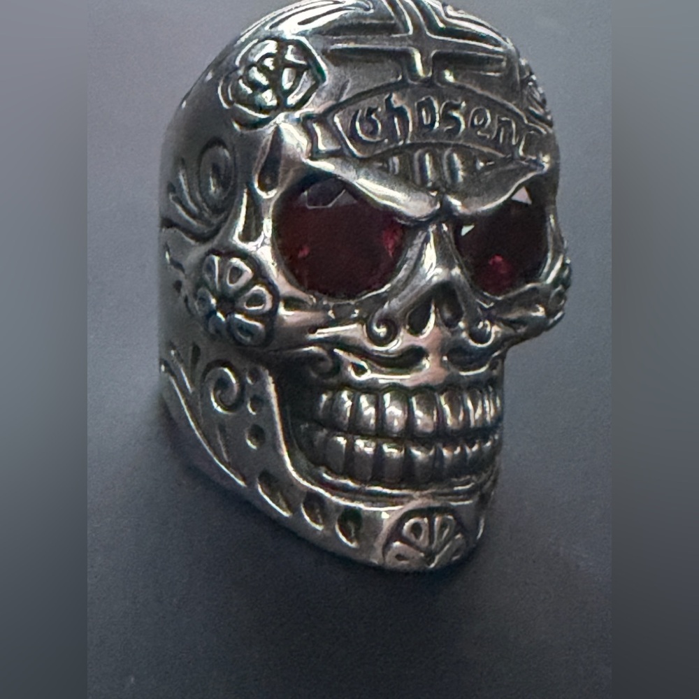 King Baby Studio Sterling Silver Large Chosen Skull Ring with Garnet Eyes size10